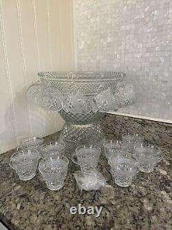 Vintage ANCHOR HOCKING WEXFORD Punch Bowl Set 16 Cups Hooks Wedding Party Shower