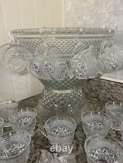 Vintage ANCHOR HOCKING WEXFORD Punch Bowl Set 16 Cups Hooks Wedding Party Shower