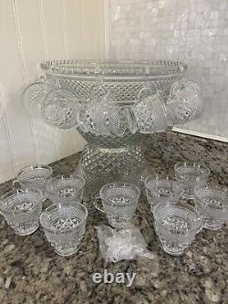 Vintage ANCHOR HOCKING WEXFORD Punch Bowl Set 16 Cups Hooks Wedding Party Shower