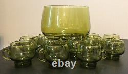 Vintage Amber 1960's Mid Century Glass Punch Bowl & 12 Cups Set