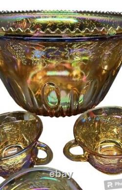 Vintage Amber Carnival Glass Punch Bowl And 12 Cups No Matching Ladle