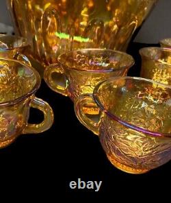 Vintage Amber Carnival Glass Punch Bowl And 12 Cups No Matching Ladle