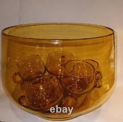 Vintage Amber Glass Punch Bowl with 8 Cups