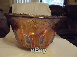 Vintage Amber Irridesent Carnival Glass Grape Punch Bowl 12 Cups & Hooks Ladel39