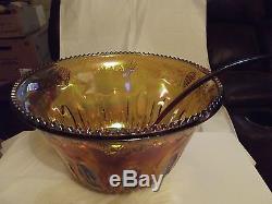 Vintage Amber Irridesent Carnival Glass Grape Punch Bowl 12 Cups & Hooks Ladel39