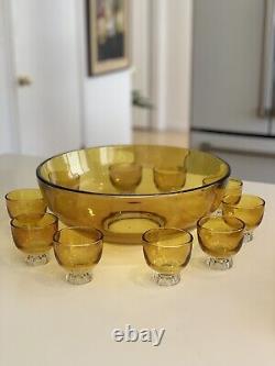 Vintage Amber MID Century Modern Punch Bowl MCM 11 Piece Set