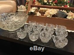 Vintage American Brilliant Cut Crystal Punch Bowl Set with 12 cups