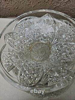Vintage American Brilliant Cut Glass Punch Bowl With 10 Cups