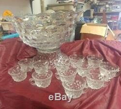 Vintage American Fostoria Large 18 inch Punch Bowl With Pedestal & 12 Cups