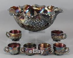 Vintage Amethyst Carnival Glass DUGAN, Punch Bowl & 6 Cups, MANY FRUITS Pattern