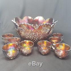 Vintage Amethyst Carnival Glass Dugan, Punch Bowl Many Fruit pattern 8 Glass