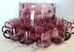 Vintage Amethyst Purple Glass Punch Bowl 11 Glass Set