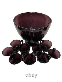 Vintage Amethyst/Purple Italy Glass Controlled Bubble Hand blown Punch Bowl Set