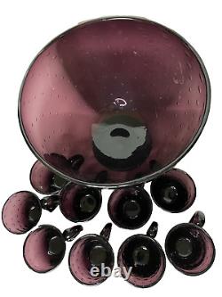 Vintage Amethyst/Purple Italy Glass Controlled Bubble Hand blown Punch Bowl Set