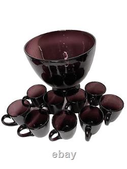 Vintage Amethyst/Purple Italy Glass Controlled Bubble Hand blown Punch Bowl Set