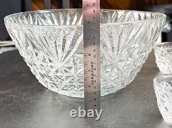 Vintage Anchor Hocking Crystal Clear Starburst Glass Punch Bowl With 11 Cups