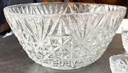 Vintage Anchor Hocking Crystal Clear Starburst Glass Punch Bowl With 11 Cups