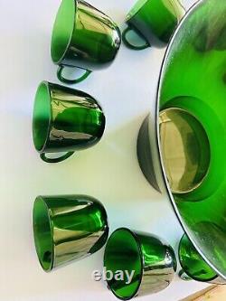 Vintage Anchor Hocking Emerald Large Set Punch Bowl (16) Pc