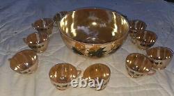 Vintage Anchor Hocking Fire-King Glass Peach Lustre Leaf Punch Bowl And Cups Lot