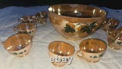 Vintage Anchor Hocking Fire-King Glass Peach Lustre Leaf Punch Bowl And Cups Lot