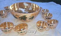 Vintage Anchor Hocking Fire-King Glass Peach Lustre Leaf Punch Bowl And Cups Lot