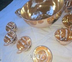 Vintage Anchor Hocking Fire-King Glass Peach Lustre Leaf Punch Bowl And Cups Lot