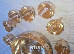 Vintage Anchor Hocking Fire-King Glass Peach Lustre Leaf Punch Bowl And Cups Lot