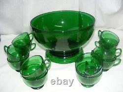 Vintage Anchor Hocking Forest Green Glass Complete Punch Bowl Set Base & 12 Cups