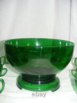 Vintage Anchor Hocking Forest Green Glass Complete Punch Bowl Set Base & 12 Cups