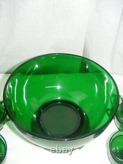 Vintage Anchor Hocking Forest Green Glass Complete Punch Bowl Set Base & 12 Cups