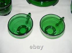 Vintage Anchor Hocking Forest Green Glass Complete Punch Bowl Set Base & 12 Cups