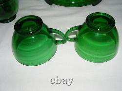 Vintage Anchor Hocking Forest Green Glass Complete Punch Bowl Set Base & 12 Cups