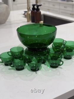 Vintage Anchor Hocking Forest Green Punch Bowl Set 14 Piece PERFECT CONDITIO