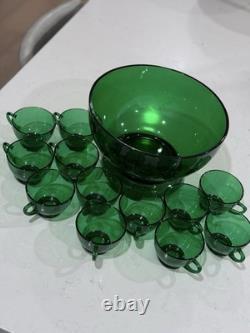 Vintage Anchor Hocking Forest Green Punch Bowl Set 14 Piece PERFECT CONDITIO