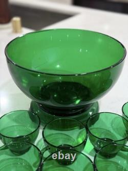 Vintage Anchor Hocking Forest Green Punch Bowl Set 14 Piece PERFECT CONDITIO