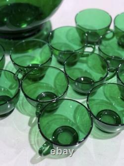 Vintage Anchor Hocking Forest Green Punch Bowl Set 14 Piece PERFECT CONDITIO