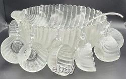 Vintage Anchor Hocking Frosted Shell Shaped Punch Bowl With 11 Cups