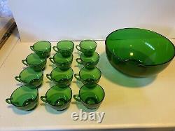 Vintage Anchor Hocking Green Punch Bowl Set with 12 Cups Christmas Punch Bowl