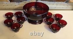 Vintage Anchor Hocking Royal Ruby Red Punch Bowl Base 10 Cups Depression Glass