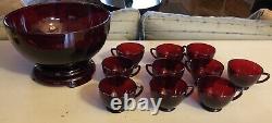 Vintage Anchor Hocking Royal Ruby Red Punch Bowl Base 10 Cups Depression Glass