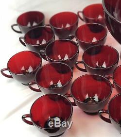 Vintage Anchor Hocking Royal Ruby Red Punch Bowl, Base, 26 Cups & Plastic Ladle