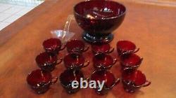 Vintage Anchor Hocking Royal Ruby Red Punch Bowl Set 12 Cups & Base Mint Cond