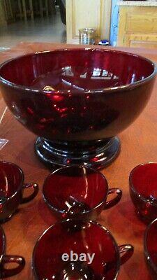 Vintage Anchor Hocking Royal Ruby Red Punch Bowl Set 12 Cups & Base Mint Cond