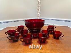 Vintage Anchor Hocking Royal Ruby Red Punch Bowl Set with (12) Cups & Base