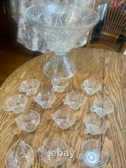 Vintage Anchor Hocking Star Of David Starburst Punch Bowl Set