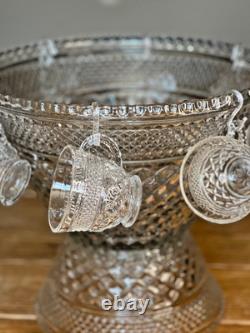 Vintage Anchor Hocking Wexford Punchbowl with Base, 8 Cups and Hooks