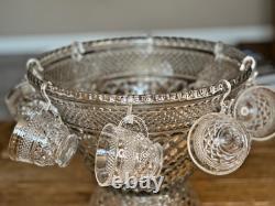 Vintage Anchor Hocking Wexford Punchbowl with Base, 8 Cups and Hooks