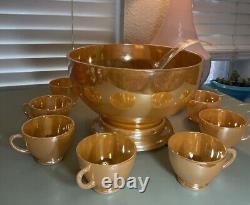 Vintage Anchorglass Gold Peach Punch Bowl Set Base Plate, Ladle, and 9 Cups