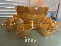 Vintage Anchorglass Gold Peach Punch Bowl Set Base Plate, Ladle, and 9 Cups