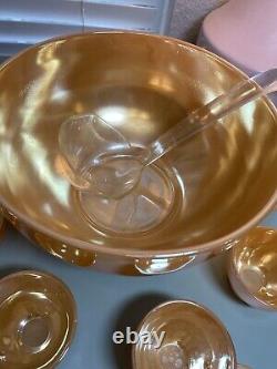 Vintage Anchorglass Gold Peach Punch Bowl Set Base Plate, Ladle, and 9 Cups